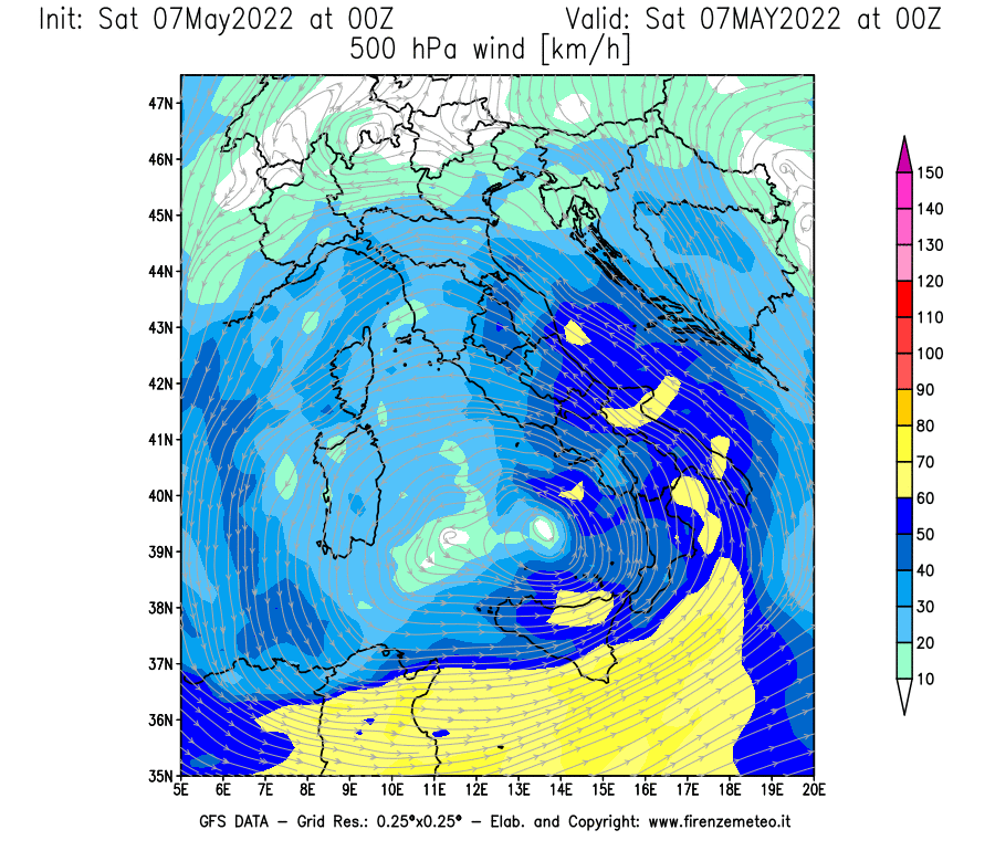 Mappa di analisi GFS - Velocità del vento a 500 hPa [km/h] in Italia
									del 07/05/2022 00 <!--googleoff: index-->UTC<!--googleon: index-->