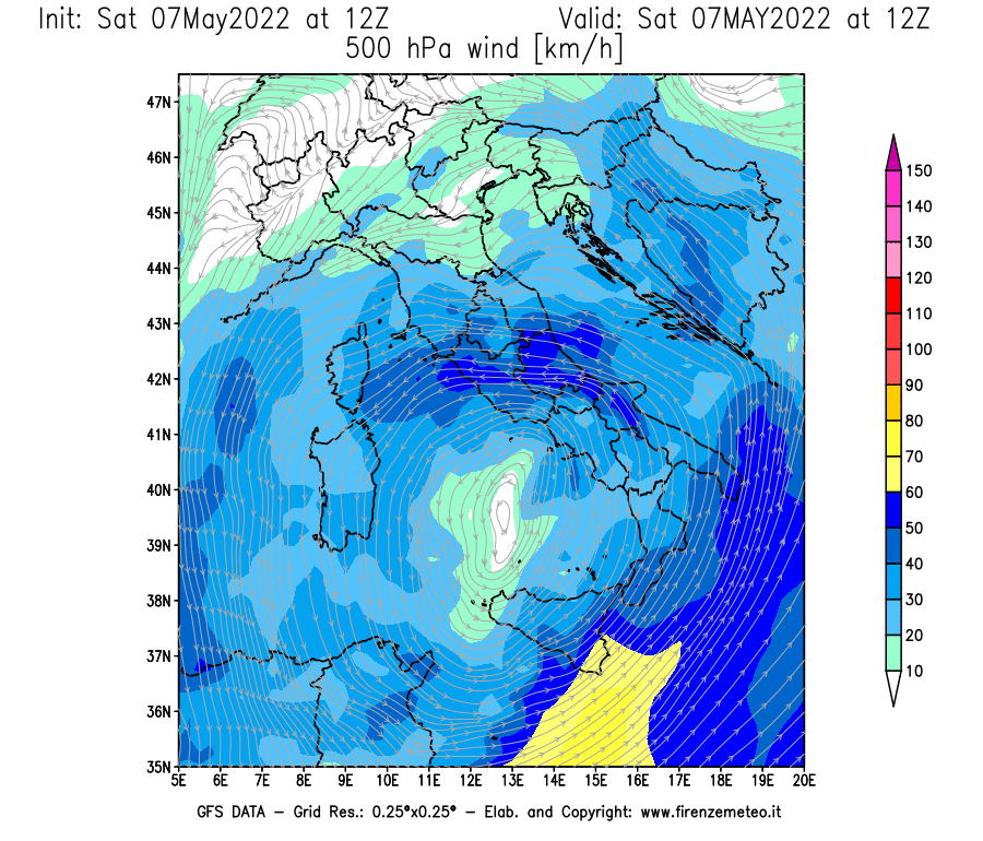 Mappa di analisi GFS - Velocità del vento a 500 hPa [km/h] in Italia
									del 07/05/2022 12 <!--googleoff: index-->UTC<!--googleon: index-->