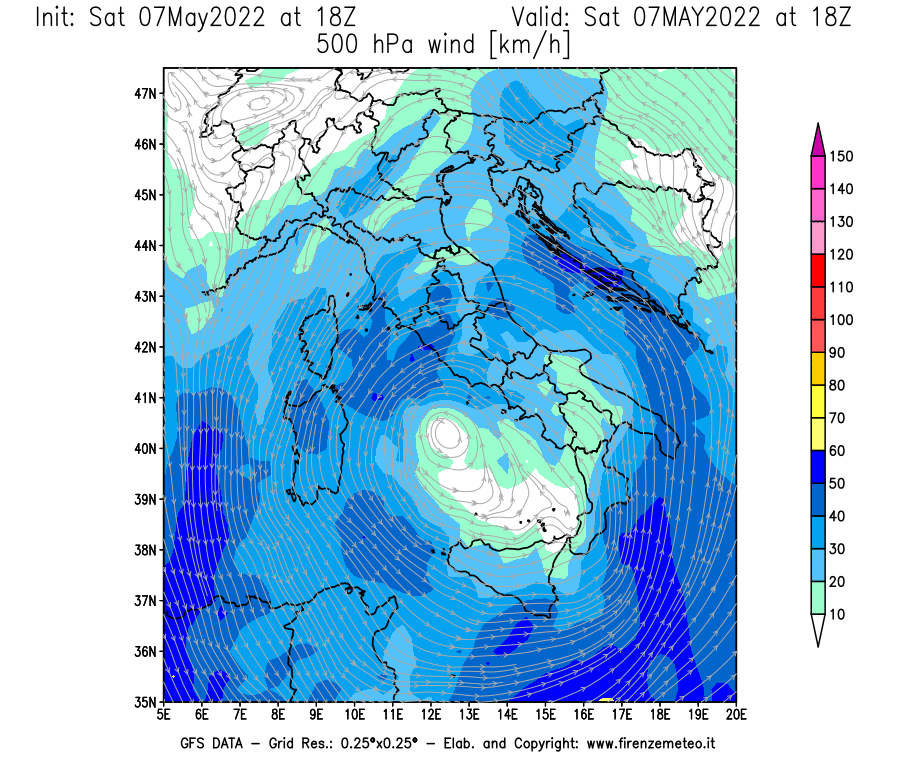Mappa di analisi GFS - Velocità del vento a 500 hPa [km/h] in Italia
									del 07/05/2022 18 <!--googleoff: index-->UTC<!--googleon: index-->