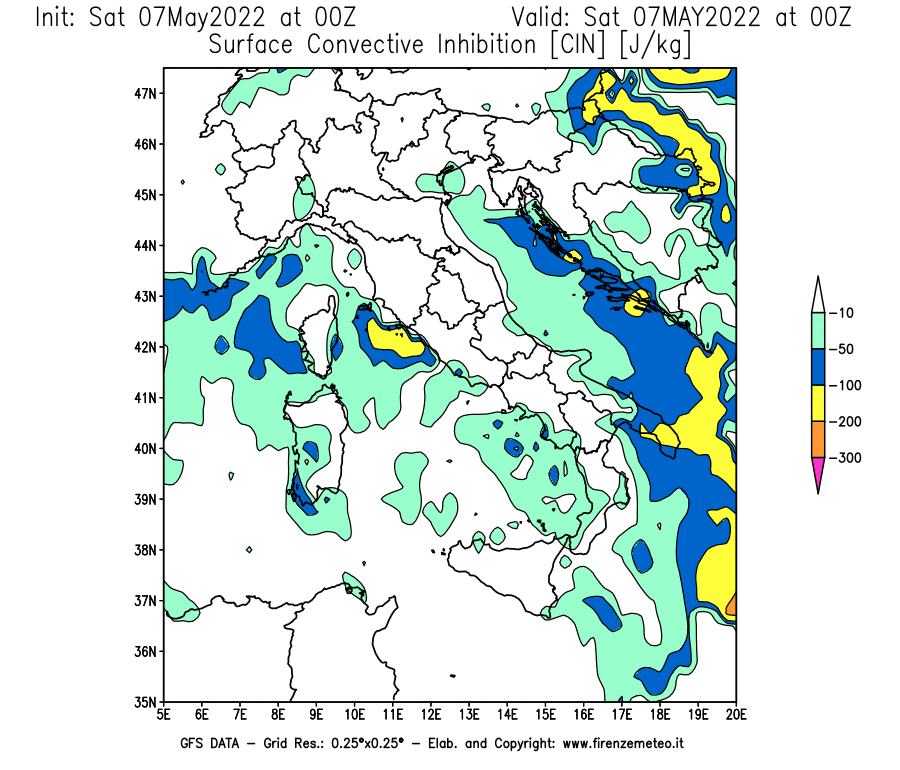 Mappa di analisi GFS - CIN [J/kg] in Italia
									del 07/05/2022 00 <!--googleoff: index-->UTC<!--googleon: index-->
