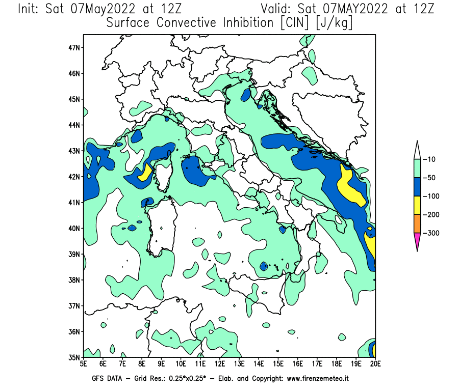 Mappa di analisi GFS - CIN [J/kg] in Italia
									del 07/05/2022 12 <!--googleoff: index-->UTC<!--googleon: index-->