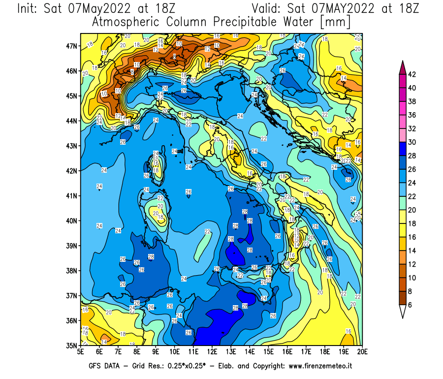 Mappa di analisi GFS - Precipitable Water [mm] in Italia
									del 07/05/2022 18 <!--googleoff: index-->UTC<!--googleon: index-->