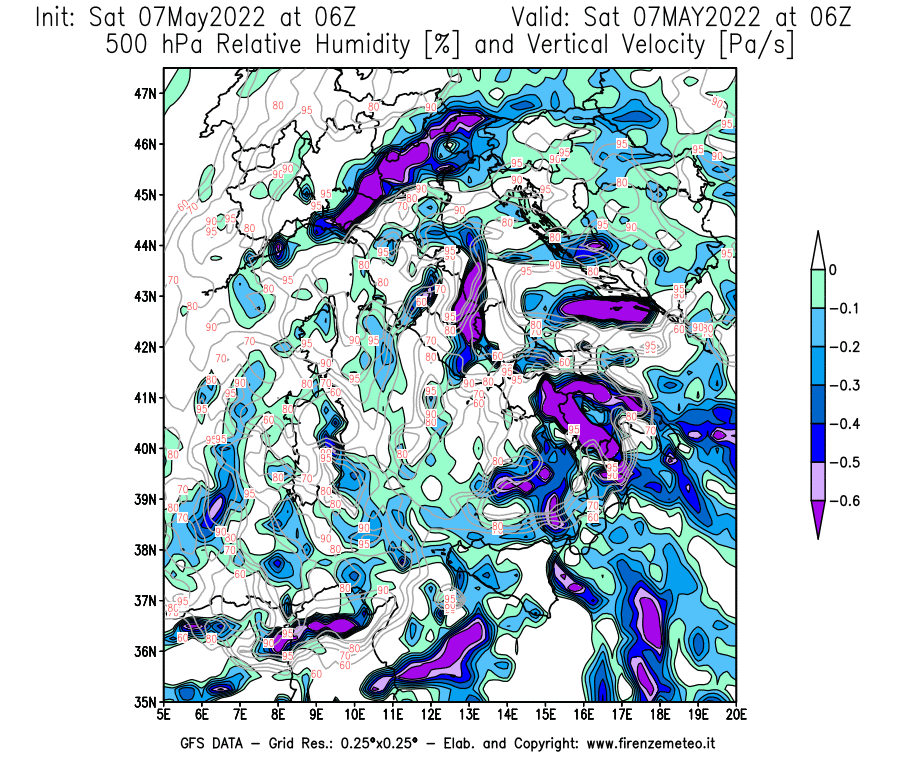 Mappa di analisi GFS - Umidità relativa [%] e Omega [Pa/s] a 500 hPa in Italia
									del 07/05/2022 06 <!--googleoff: index-->UTC<!--googleon: index-->