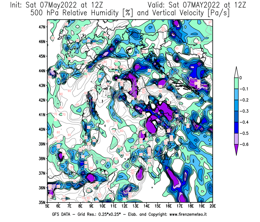 Mappa di analisi GFS - Umidità relativa [%] e Omega [Pa/s] a 500 hPa in Italia
									del 07/05/2022 12 <!--googleoff: index-->UTC<!--googleon: index-->