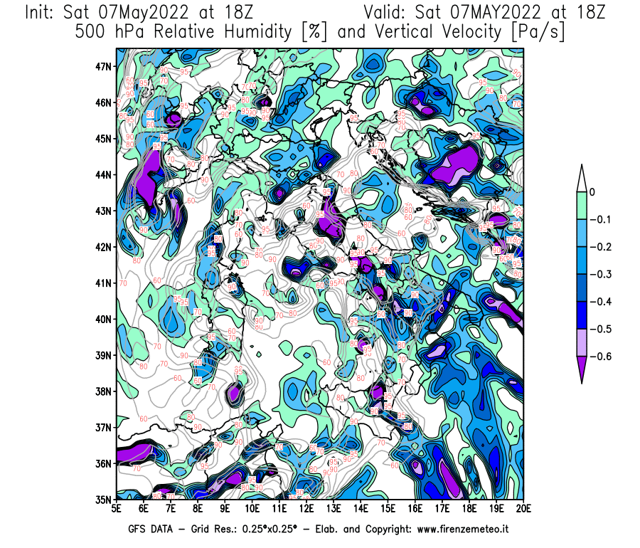 Mappa di analisi GFS - Umidità relativa [%] e Omega [Pa/s] a 500 hPa in Italia
									del 07/05/2022 18 <!--googleoff: index-->UTC<!--googleon: index-->