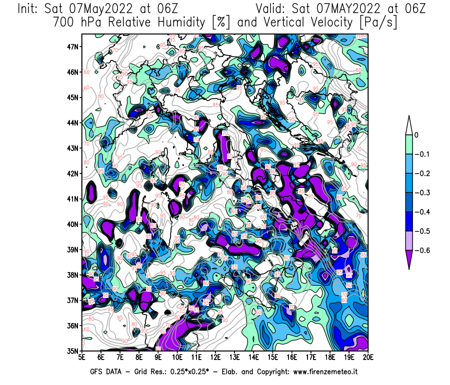 Mappa di analisi GFS - Umidità relativa [%] e Omega [Pa/s] a 700 hPa in Italia
									del 07/05/2022 06 <!--googleoff: index-->UTC<!--googleon: index-->
