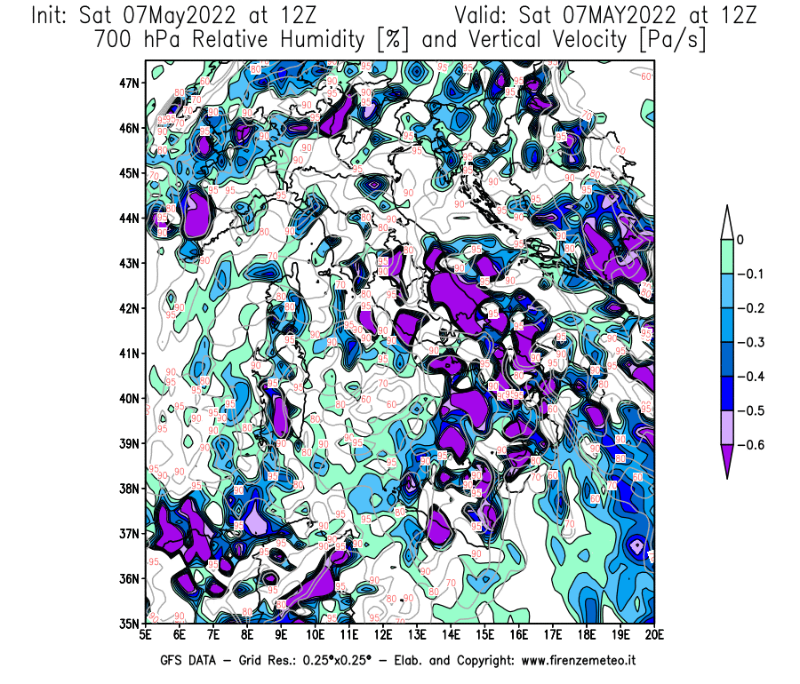 Mappa di analisi GFS - Umidità relativa [%] e Omega [Pa/s] a 700 hPa in Italia
									del 07/05/2022 12 <!--googleoff: index-->UTC<!--googleon: index-->
