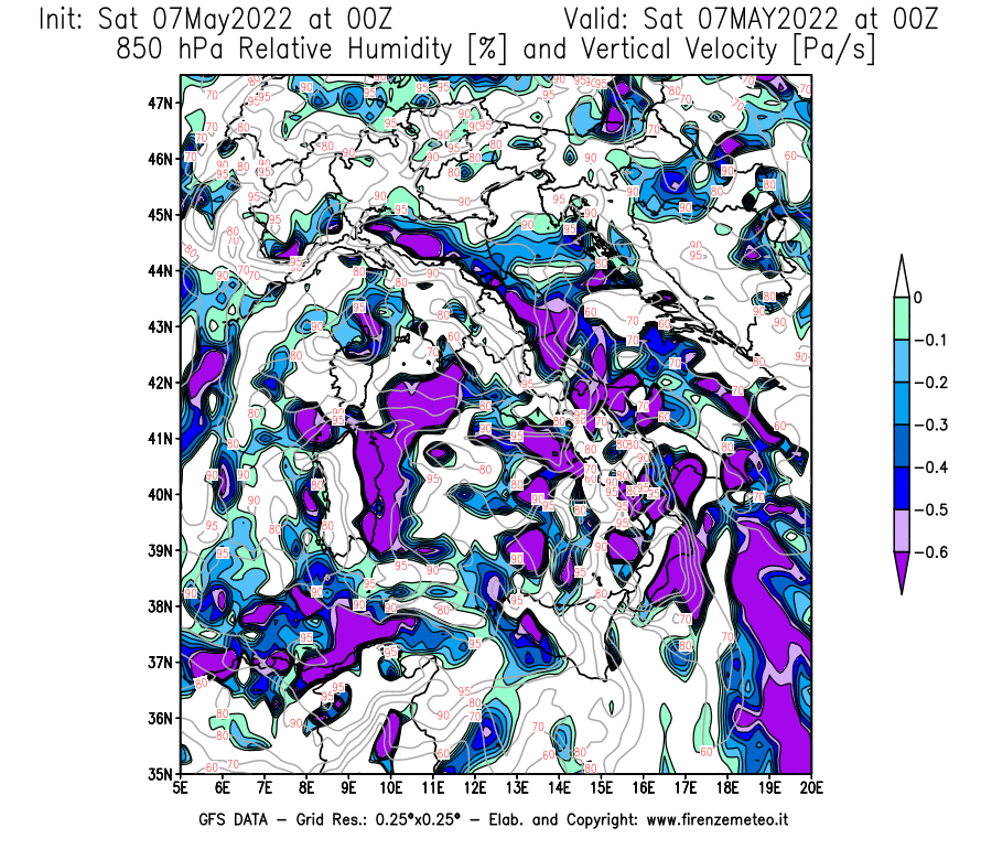 Mappa di analisi GFS - Umidità relativa [%] e Omega [Pa/s] a 850 hPa in Italia
									del 07/05/2022 00 <!--googleoff: index-->UTC<!--googleon: index-->