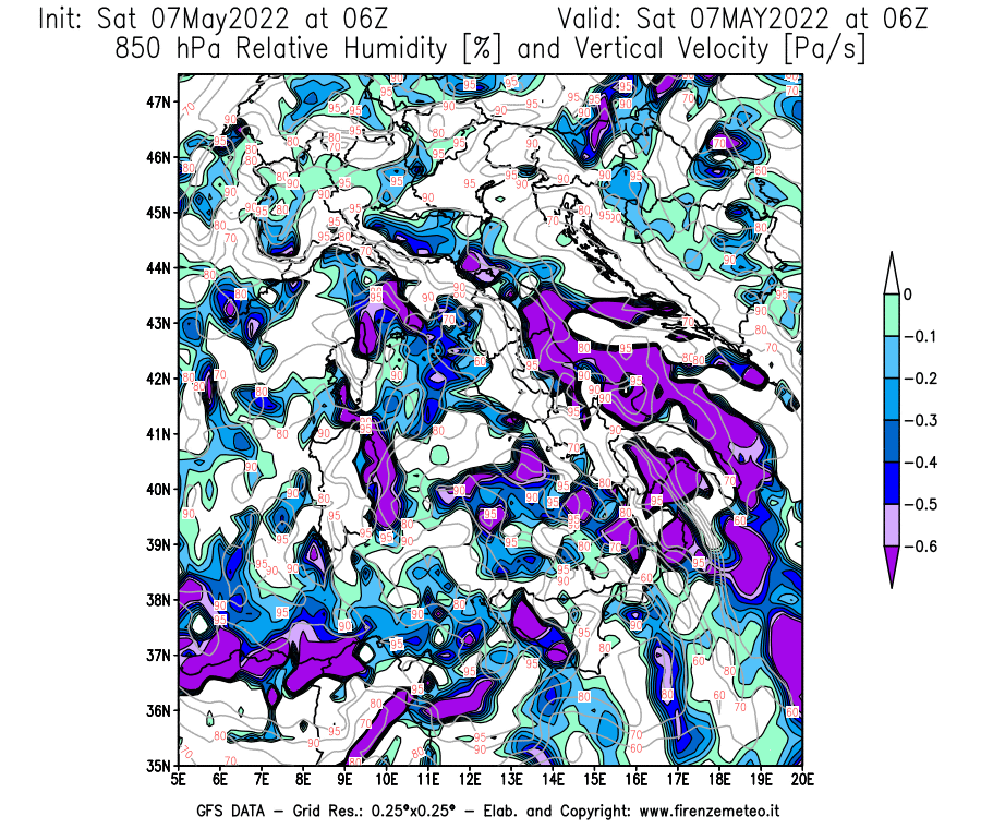 Mappa di analisi GFS - Umidità relativa [%] e Omega [Pa/s] a 850 hPa in Italia
									del 07/05/2022 06 <!--googleoff: index-->UTC<!--googleon: index-->