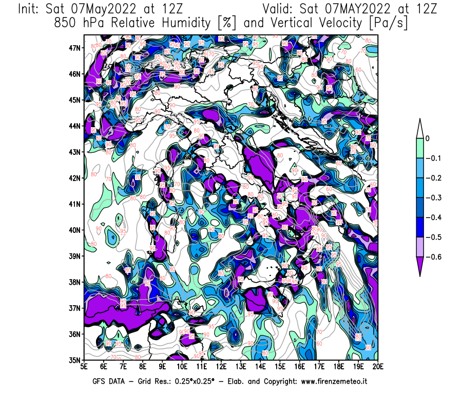 Mappa di analisi GFS - Umidità relativa [%] e Omega [Pa/s] a 850 hPa in Italia
									del 07/05/2022 12 <!--googleoff: index-->UTC<!--googleon: index-->