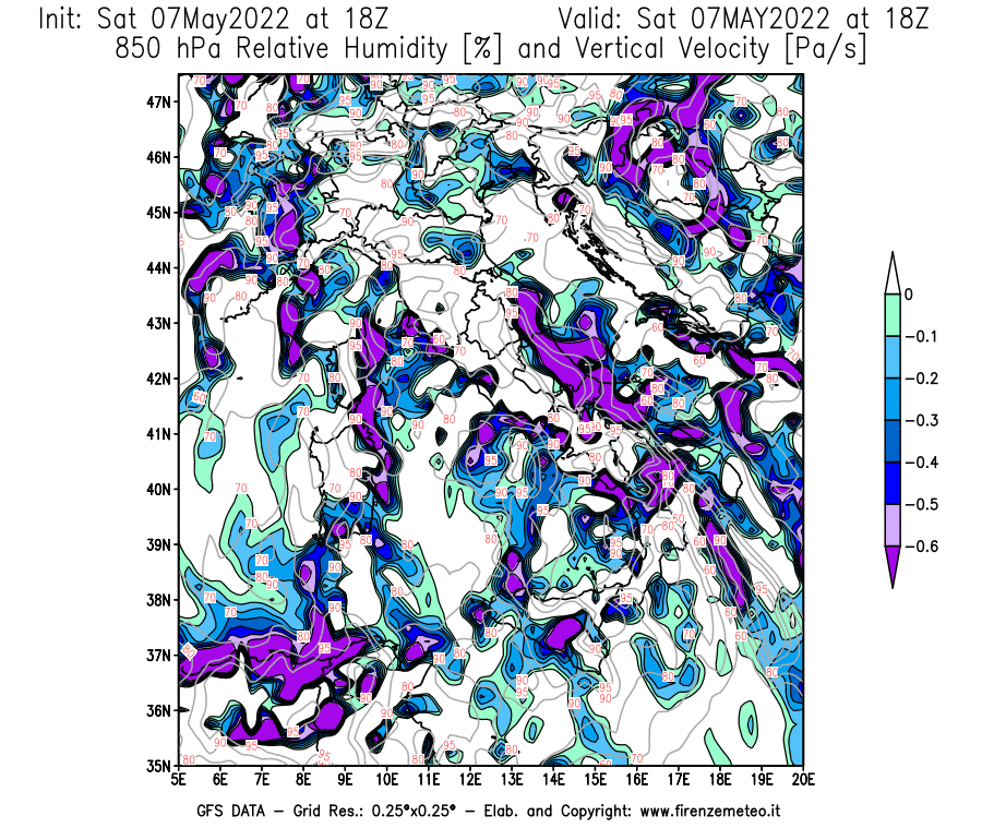 Mappa di analisi GFS - Umidità relativa [%] e Omega [Pa/s] a 850 hPa in Italia
									del 07/05/2022 18 <!--googleoff: index-->UTC<!--googleon: index-->