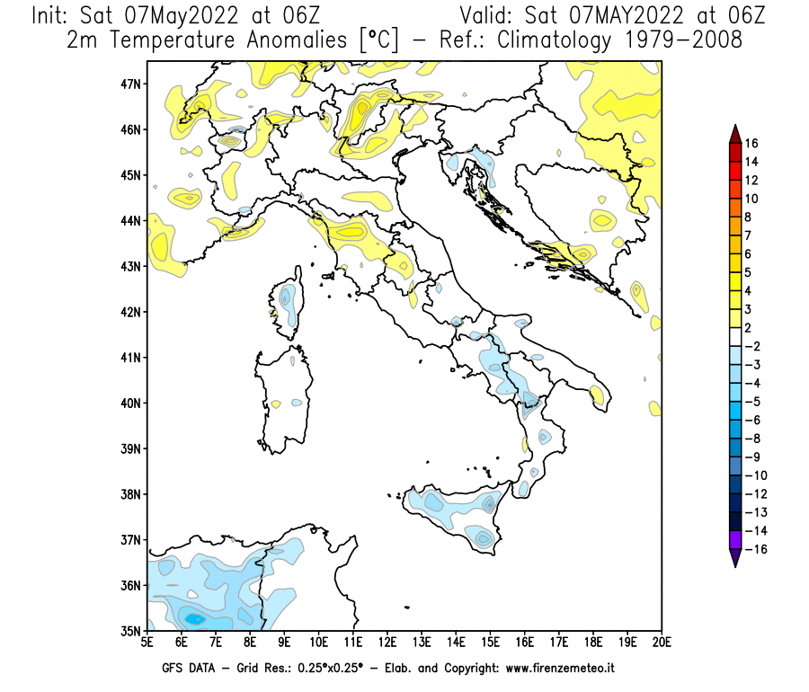 Mappa di analisi GFS - Anomalia Temperatura [°C] a 2 m in Italia
									del 07/05/2022 06 <!--googleoff: index-->UTC<!--googleon: index-->
