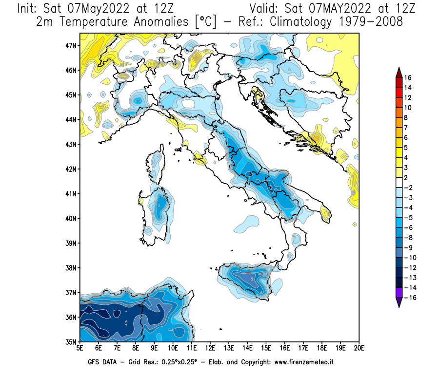 Mappa di analisi GFS - Anomalia Temperatura [°C] a 2 m in Italia
									del 07/05/2022 12 <!--googleoff: index-->UTC<!--googleon: index-->