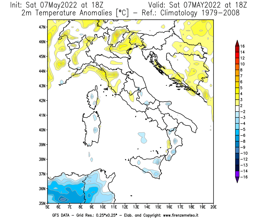 Mappa di analisi GFS - Anomalia Temperatura [°C] a 2 m in Italia
									del 07/05/2022 18 <!--googleoff: index-->UTC<!--googleon: index-->