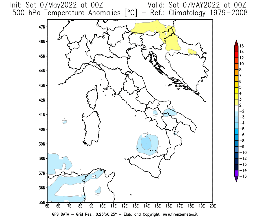 Mappa di analisi GFS - Anomalia Temperatura [°C] a 500 hPa in Italia
									del 07/05/2022 00 <!--googleoff: index-->UTC<!--googleon: index-->