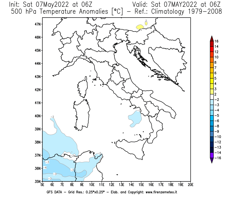 Mappa di analisi GFS - Anomalia Temperatura [°C] a 500 hPa in Italia
									del 07/05/2022 06 <!--googleoff: index-->UTC<!--googleon: index-->