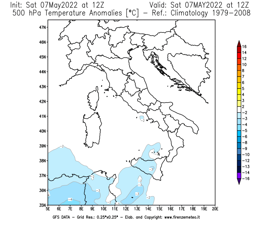Mappa di analisi GFS - Anomalia Temperatura [°C] a 500 hPa in Italia
									del 07/05/2022 12 <!--googleoff: index-->UTC<!--googleon: index-->