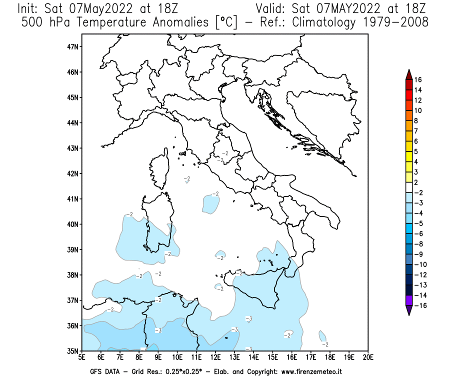 Mappa di analisi GFS - Anomalia Temperatura [°C] a 500 hPa in Italia
									del 07/05/2022 18 <!--googleoff: index-->UTC<!--googleon: index-->