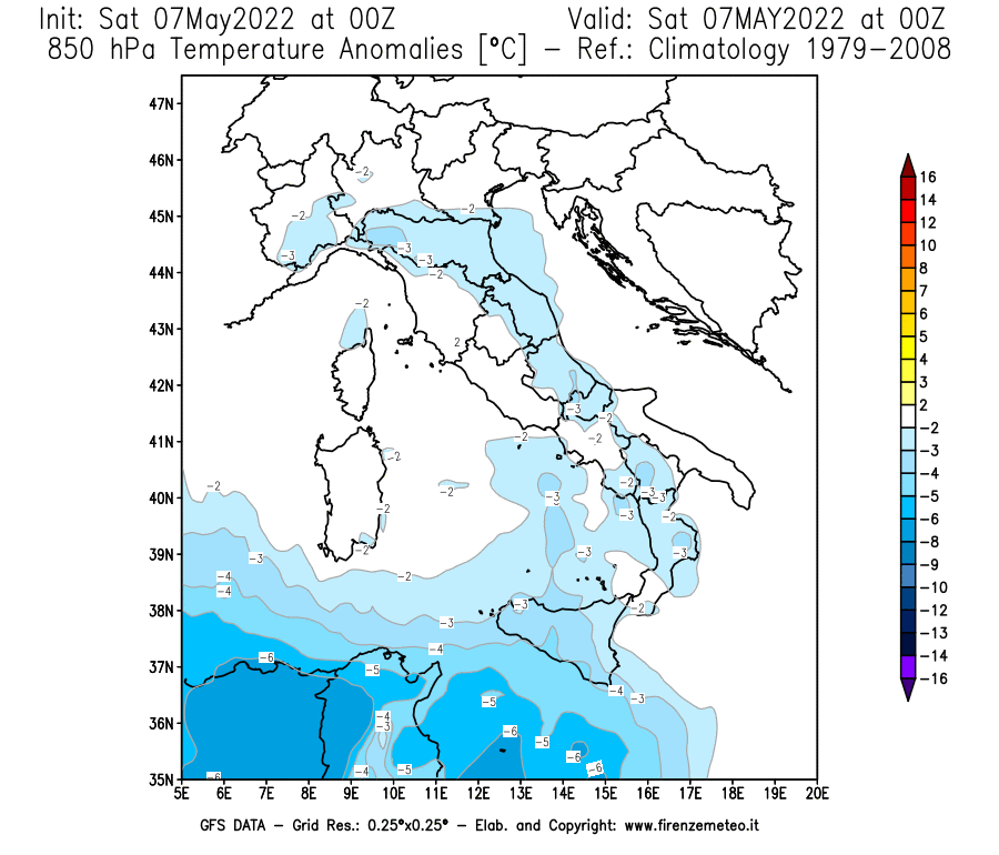 Mappa di analisi GFS - Anomalia Temperatura [°C] a 850 hPa in Italia
									del 07/05/2022 00 <!--googleoff: index-->UTC<!--googleon: index-->