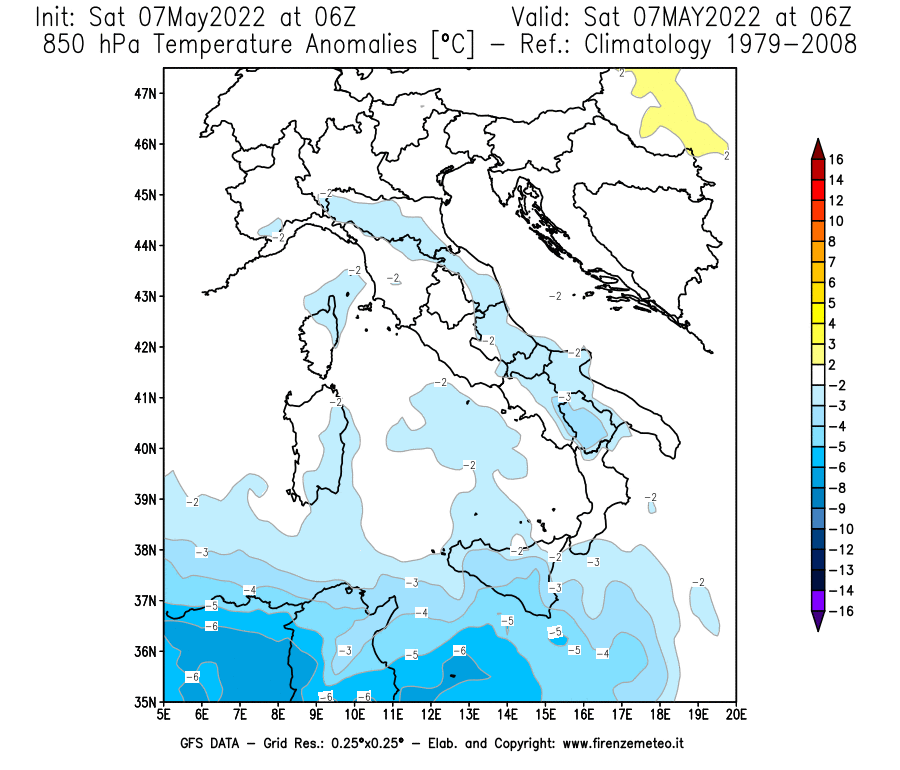 Mappa di analisi GFS - Anomalia Temperatura [°C] a 850 hPa in Italia
									del 07/05/2022 06 <!--googleoff: index-->UTC<!--googleon: index-->