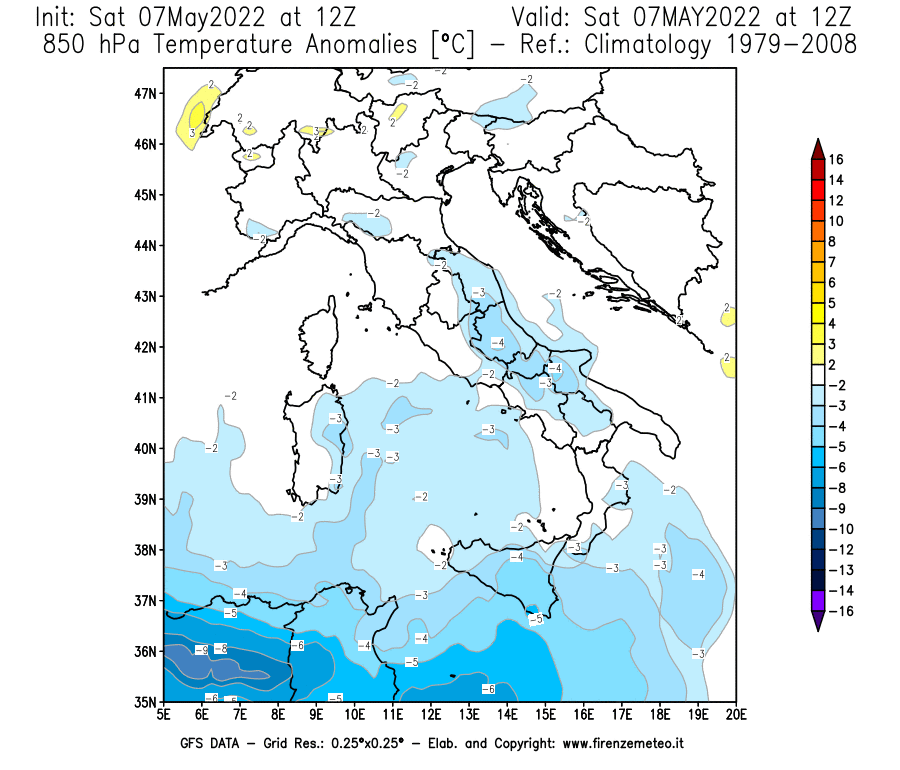 Mappa di analisi GFS - Anomalia Temperatura [°C] a 850 hPa in Italia
									del 07/05/2022 12 <!--googleoff: index-->UTC<!--googleon: index-->