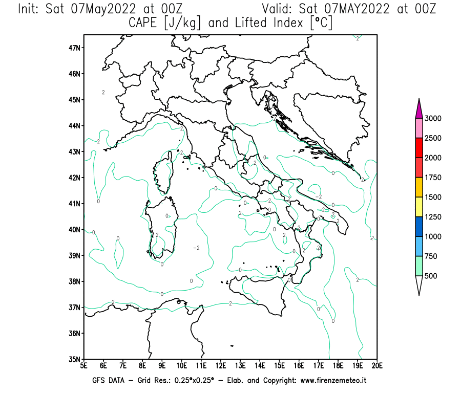Mappa di analisi GFS - CAPE [J/kg] e Lifted Index [°C] in Italia
									del 07/05/2022 00 <!--googleoff: index-->UTC<!--googleon: index-->