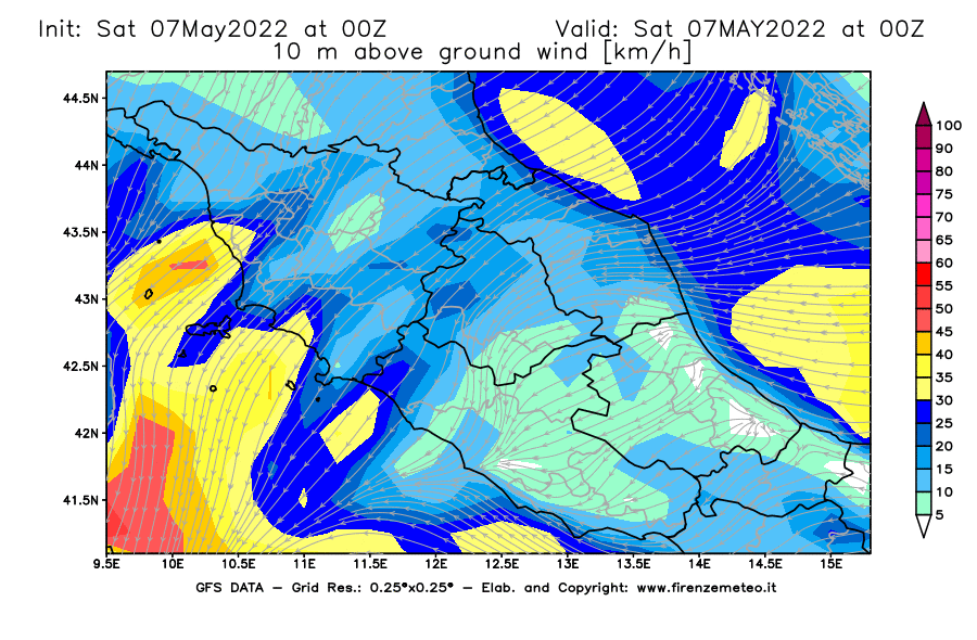Mappa di analisi GFS - Velocità del vento a 10 metri dal suolo [km/h] in Centro-Italia
									del 07/05/2022 00 <!--googleoff: index-->UTC<!--googleon: index-->