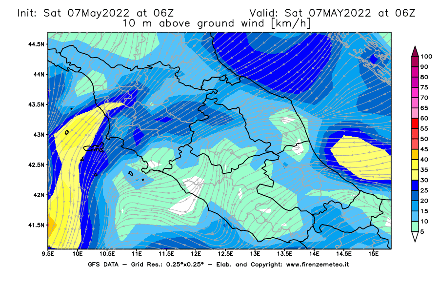 Mappa di analisi GFS - Velocità del vento a 10 metri dal suolo [km/h] in Centro-Italia
									del 07/05/2022 06 <!--googleoff: index-->UTC<!--googleon: index-->