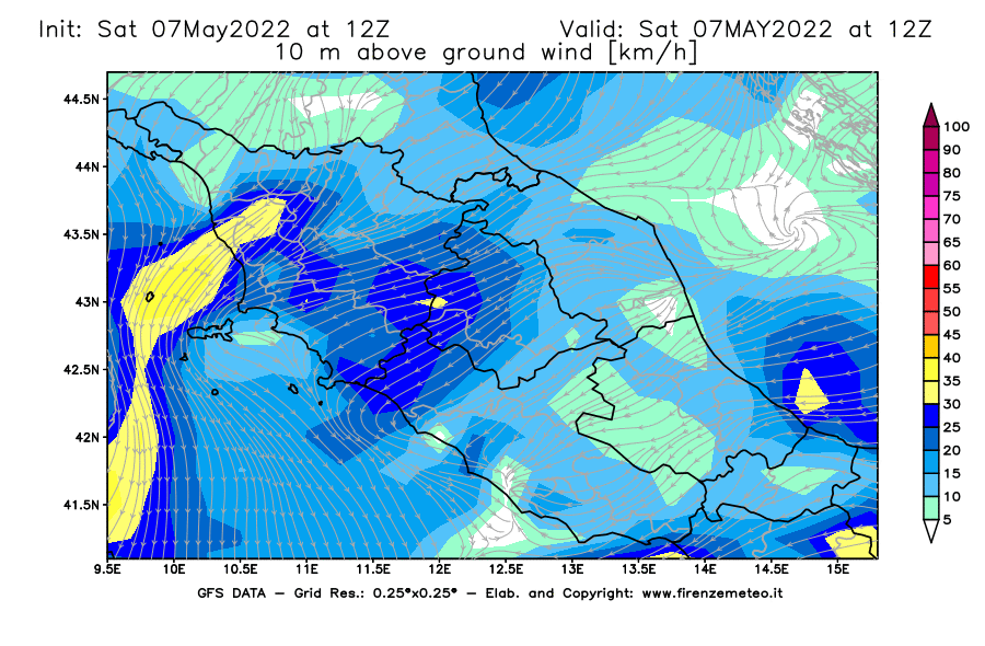 Mappa di analisi GFS - Velocità del vento a 10 metri dal suolo [km/h] in Centro-Italia
									del 07/05/2022 12 <!--googleoff: index-->UTC<!--googleon: index-->
