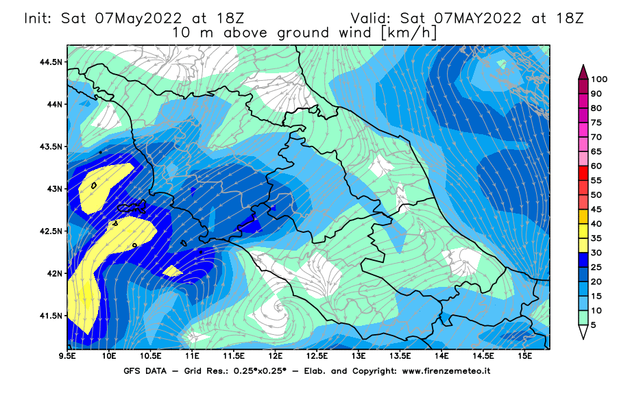 Mappa di analisi GFS - Velocità del vento a 10 metri dal suolo [km/h] in Centro-Italia
									del 07/05/2022 18 <!--googleoff: index-->UTC<!--googleon: index-->