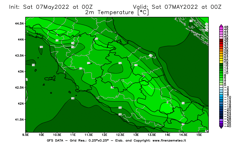 Mappa di analisi GFS - Temperatura a 2 metri dal suolo [°C] in Centro-Italia
									del 07/05/2022 00 <!--googleoff: index-->UTC<!--googleon: index-->