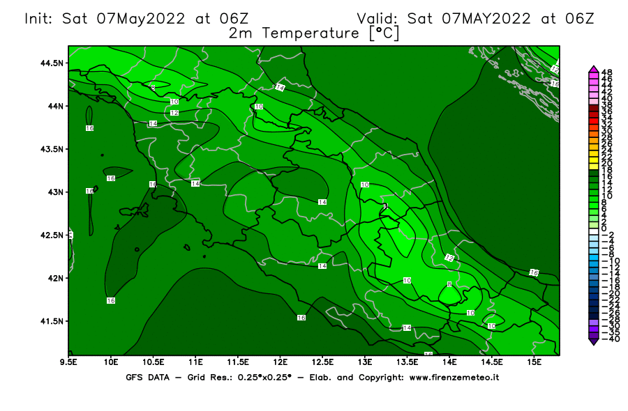 Mappa di analisi GFS - Temperatura a 2 metri dal suolo [°C] in Centro-Italia
									del 07/05/2022 06 <!--googleoff: index-->UTC<!--googleon: index-->