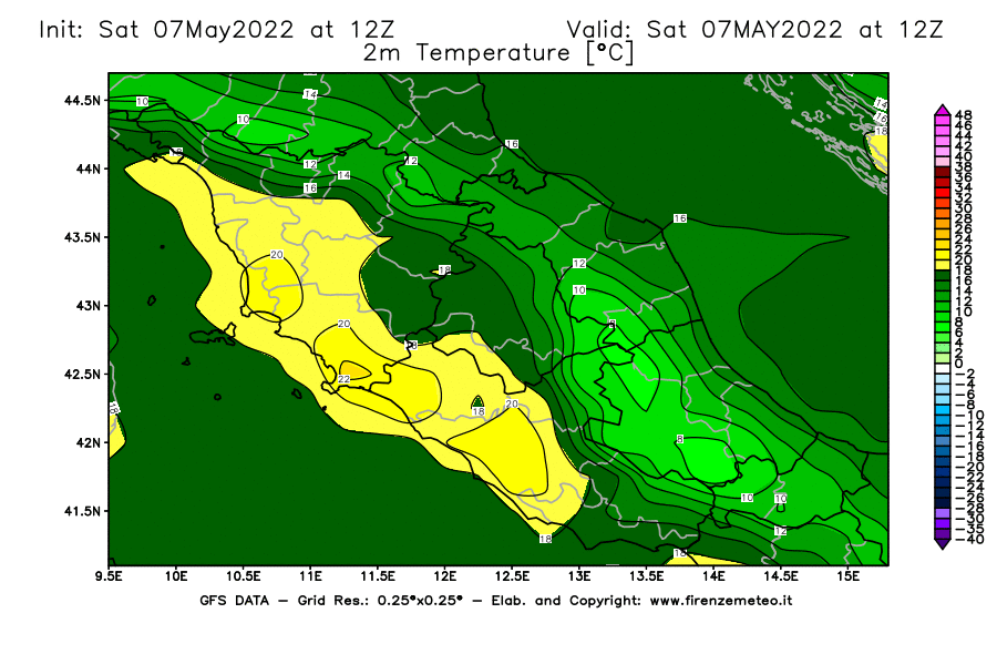 Mappa di analisi GFS - Temperatura a 2 metri dal suolo [°C] in Centro-Italia
									del 07/05/2022 12 <!--googleoff: index-->UTC<!--googleon: index-->