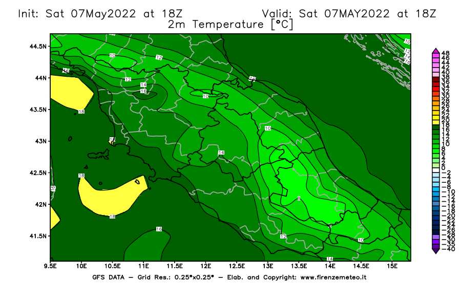 Mappa di analisi GFS - Temperatura a 2 metri dal suolo [°C] in Centro-Italia
									del 07/05/2022 18 <!--googleoff: index-->UTC<!--googleon: index-->