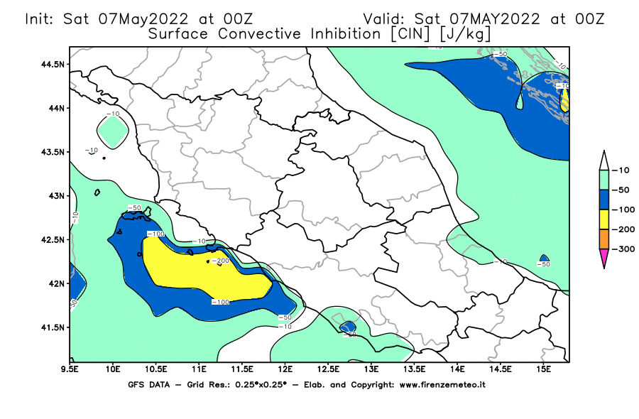 Mappa di analisi GFS - CIN [J/kg] in Centro-Italia
									del 07/05/2022 00 <!--googleoff: index-->UTC<!--googleon: index-->