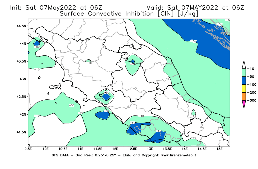 Mappa di analisi GFS - CIN [J/kg] in Centro-Italia
									del 07/05/2022 06 <!--googleoff: index-->UTC<!--googleon: index-->