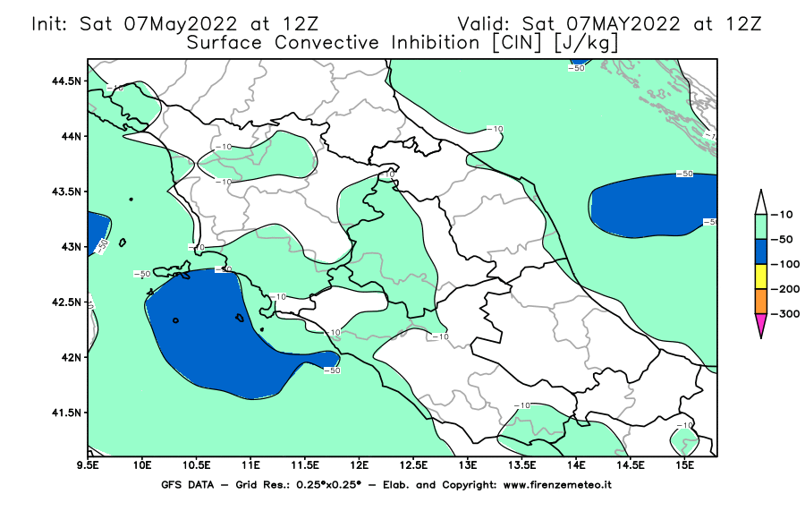 Mappa di analisi GFS - CIN [J/kg] in Centro-Italia
									del 07/05/2022 12 <!--googleoff: index-->UTC<!--googleon: index-->