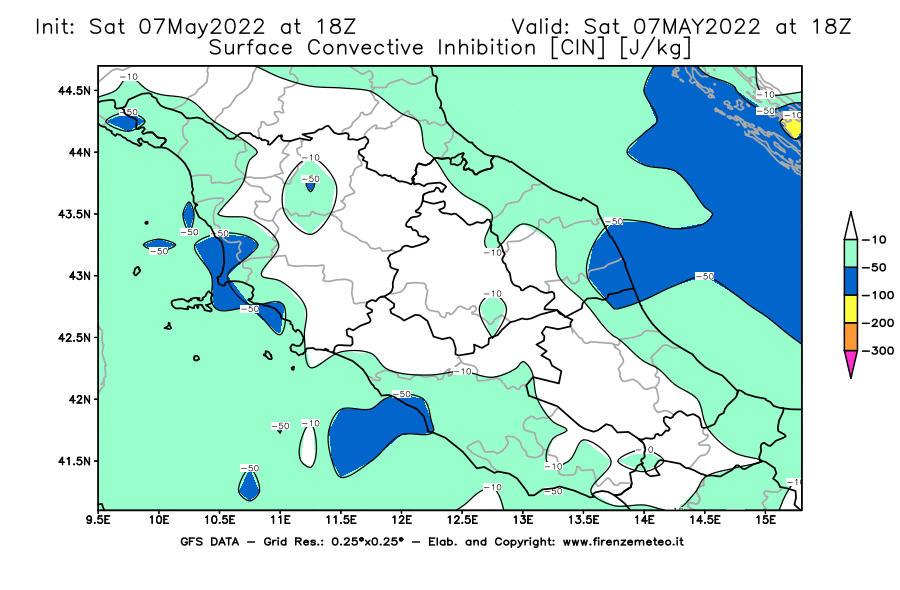 Mappa di analisi GFS - CIN [J/kg] in Centro-Italia
									del 07/05/2022 18 <!--googleoff: index-->UTC<!--googleon: index-->