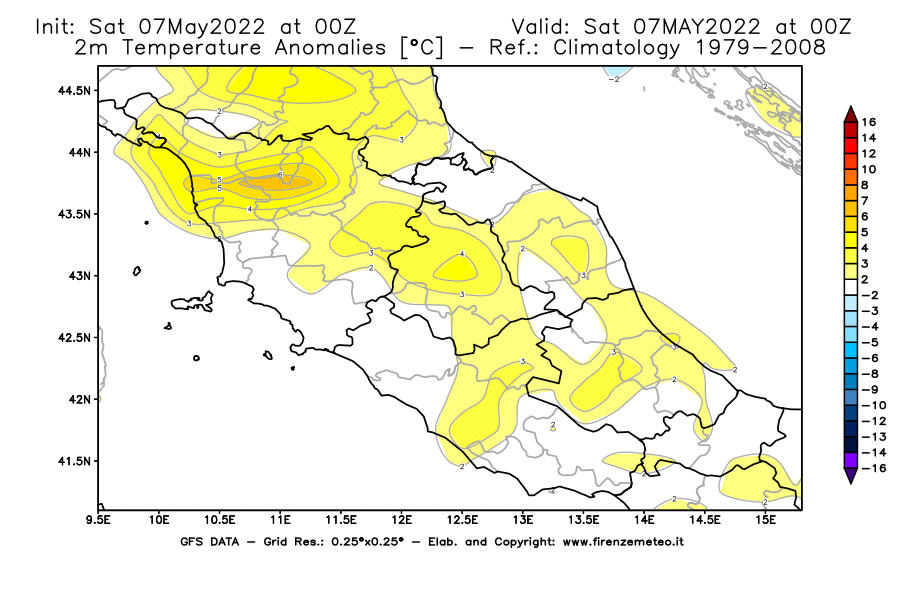 Mappa di analisi GFS - Anomalia Temperatura [°C] a 2 m in Centro-Italia
									del 07/05/2022 00 <!--googleoff: index-->UTC<!--googleon: index-->