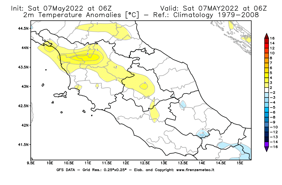 Mappa di analisi GFS - Anomalia Temperatura [°C] a 2 m in Centro-Italia
									del 07/05/2022 06 <!--googleoff: index-->UTC<!--googleon: index-->