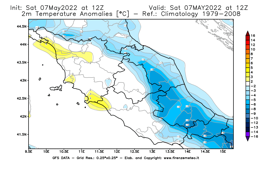 Mappa di analisi GFS - Anomalia Temperatura [°C] a 2 m in Centro-Italia
									del 07/05/2022 12 <!--googleoff: index-->UTC<!--googleon: index-->