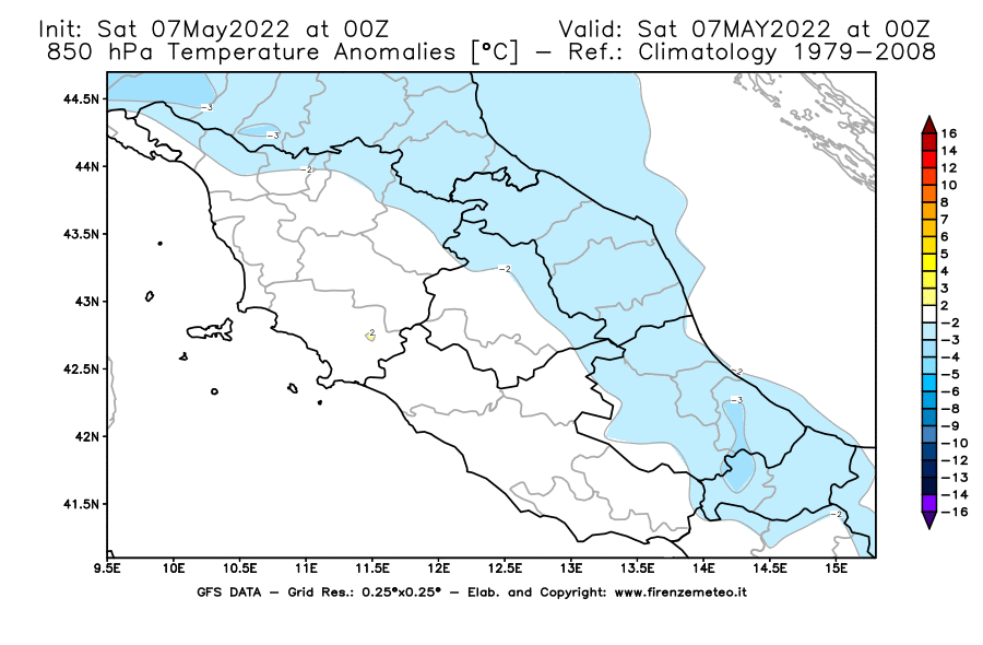 Mappa di analisi GFS - Anomalia Temperatura [°C] a 850 hPa in Centro-Italia
									del 07/05/2022 00 <!--googleoff: index-->UTC<!--googleon: index-->
