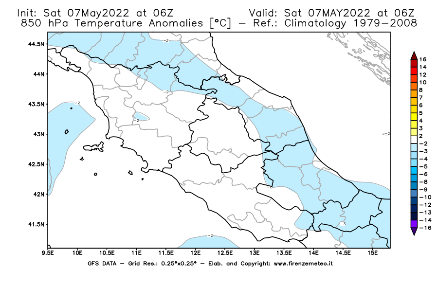 Mappa di analisi GFS - Anomalia Temperatura [°C] a 850 hPa in Centro-Italia
									del 07/05/2022 06 <!--googleoff: index-->UTC<!--googleon: index-->