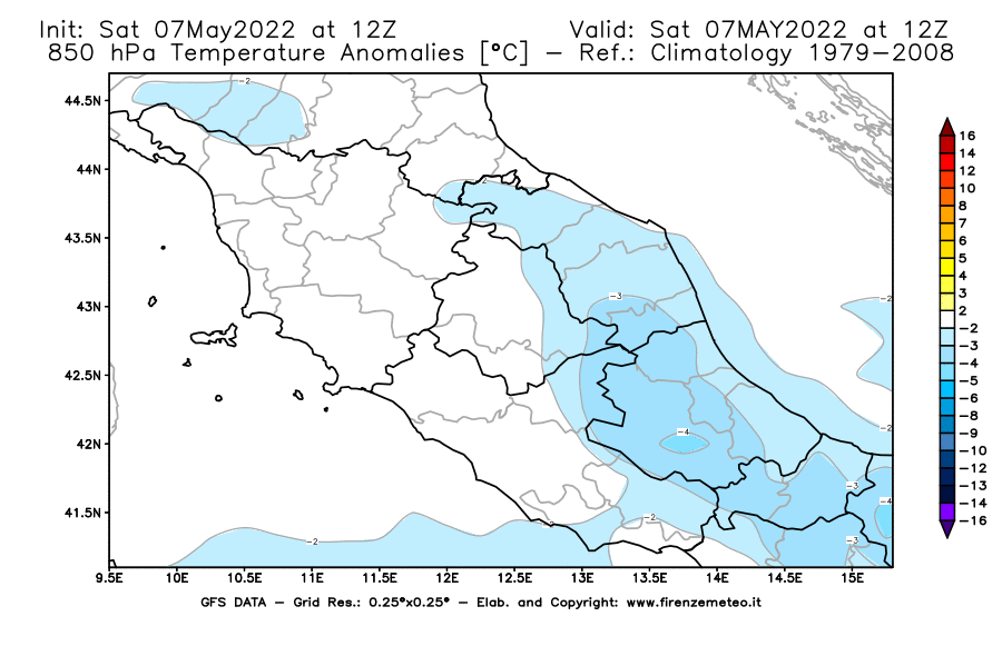 Mappa di analisi GFS - Anomalia Temperatura [°C] a 850 hPa in Centro-Italia
									del 07/05/2022 12 <!--googleoff: index-->UTC<!--googleon: index-->