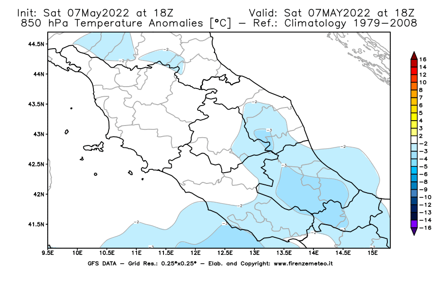 Mappa di analisi GFS - Anomalia Temperatura [°C] a 850 hPa in Centro-Italia
									del 07/05/2022 18 <!--googleoff: index-->UTC<!--googleon: index-->
