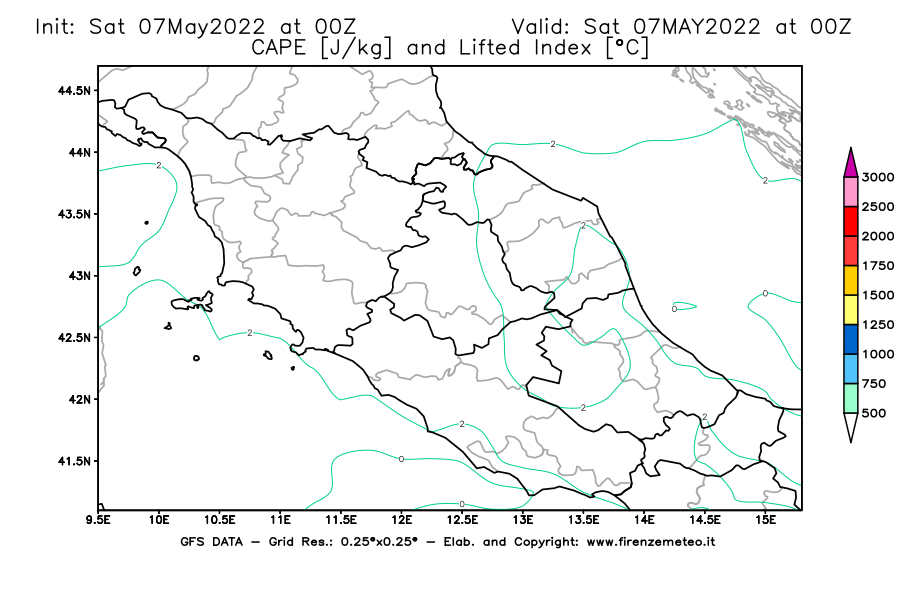 Mappa di analisi GFS - CAPE [J/kg] e Lifted Index [°C] in Centro-Italia
									del 07/05/2022 00 <!--googleoff: index-->UTC<!--googleon: index-->