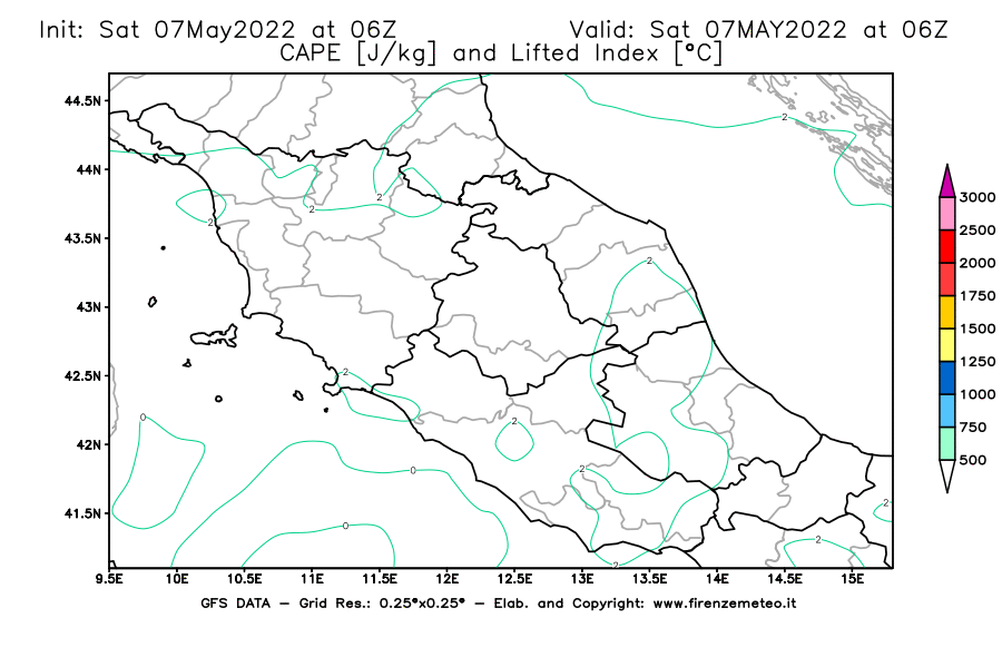 Mappa di analisi GFS - CAPE [J/kg] e Lifted Index [°C] in Centro-Italia
									del 07/05/2022 06 <!--googleoff: index-->UTC<!--googleon: index-->
