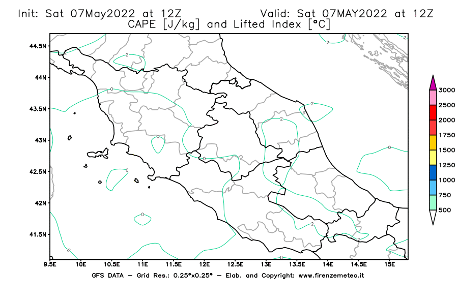 Mappa di analisi GFS - CAPE [J/kg] e Lifted Index [°C] in Centro-Italia
									del 07/05/2022 12 <!--googleoff: index-->UTC<!--googleon: index-->