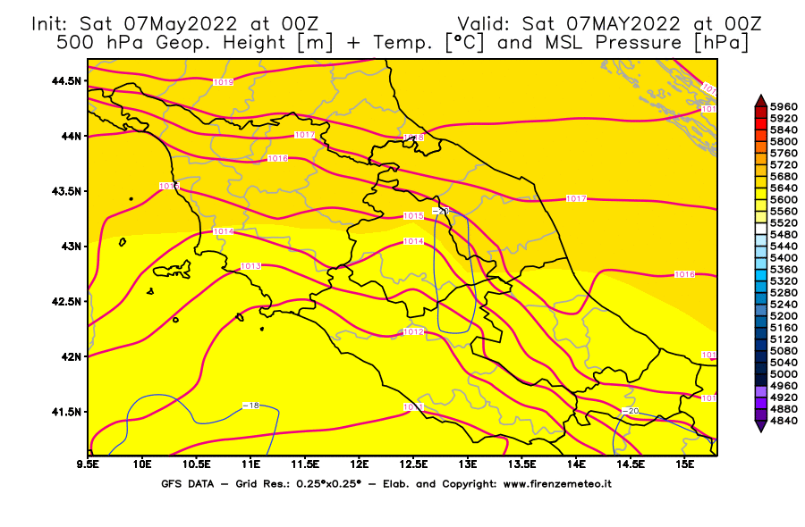 Mappa di analisi GFS - Geopotenziale [m] + Temp. [°C] a 500 hPa + Press. a livello del mare [hPa] in Centro-Italia
									del 07/05/2022 00 <!--googleoff: index-->UTC<!--googleon: index-->