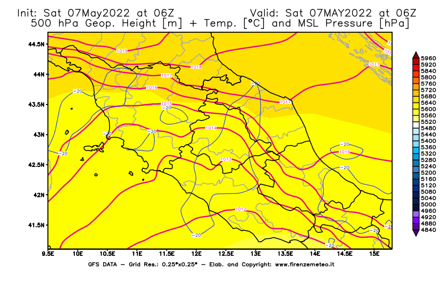 Mappa di analisi GFS - Geopotenziale [m] + Temp. [°C] a 500 hPa + Press. a livello del mare [hPa] in Centro-Italia
									del 07/05/2022 06 <!--googleoff: index-->UTC<!--googleon: index-->